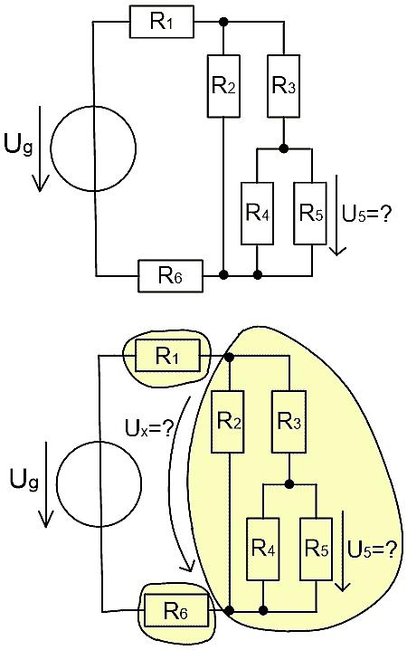 Csík Norbert: Elektrotechnika 9. 6. Határozzuk me az itt látható kapcsolás 5 ellenállásán folyó áramot! =60V, i=i kω (i=,..,6) Meoldás: Elsőként eymással sorosan kötött részhálózatokat találunk.