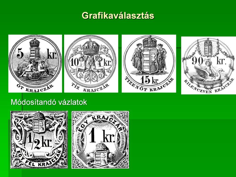 Megfigyelhetjük, hogy az új bélyegképek a Koronával fedett magyar címert vagy a Koronát önmagában tartalmazzák. Az első magyar bélyegek megjelenése az osztrák bélyegek megoldásait utánozta.