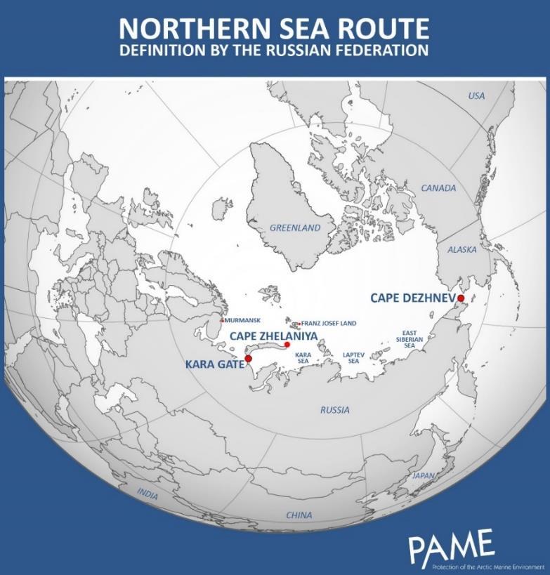 1. Figure: Endpoints of Northern Sea Route according official Russian definition. Source: Protection of the Arctic Marine Environment, https://pame.is/index.