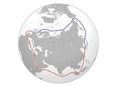 2. Figure: NSR and maritime route via Suez canal. Sources: http://www.arctic-lio.com/ (30.05.2018.