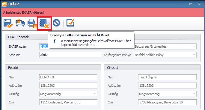 7. EKÁER lapról bizonylat eltávolítása Amennyiben véletlenül rossz bizonylatot vitt fel egy EKÁER lapra, lehetőséget biztosítunk annak törlésére is.