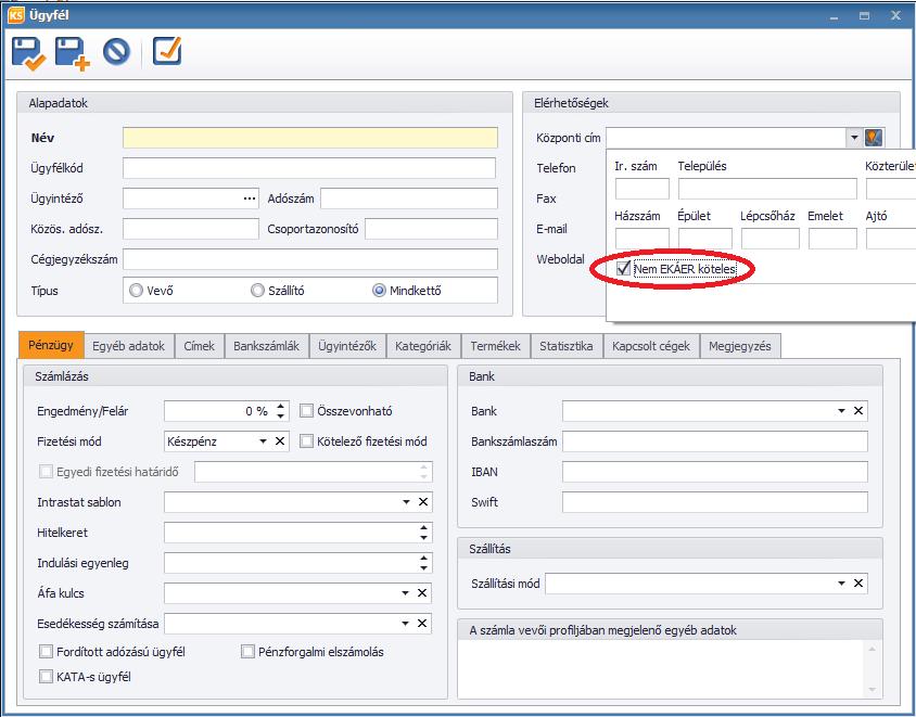 Amennyiben ilyen mentességgel rendelkezik partnerünk, az ügyfél adatlapon legördülő Központi cím mezőben beállíthatjuk, hogy Nem EKÁER köteles.