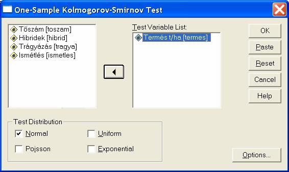 pontosan megegyezik a várható értékkel, ezért a minta véletlennek tekinthetı. Egymintás Kolmogorov-Smirnov teszt (One-Sample Kolmogorov-Smirnov Test) Milyen eloszlásba tartozik a minta?