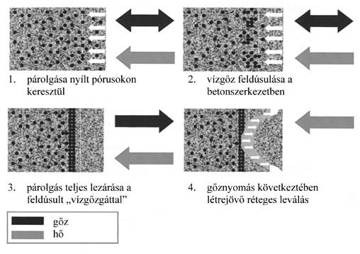 A hőmérséklet emelkedésével párhuzamosan először a beton pórusaiban lévő víz távozik, amivel párhuzamosan bekövetkezik a kevéssé stabil hidrátok mint az ettringit (cementkémiai jelöléssel: C3A 3Cs H