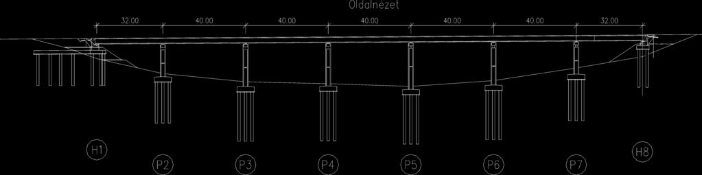 3. ábra: S16 híd oldalnézete löpökkel alapoztuk. A cölöpöket vasbeton összefogó gerendák dolgoztatják együtt. A cölöpök végleges hosszát a próbaterhelések eredményei után határoztuk meg. 3.