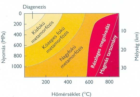 Regionális metamorfózis A regionális metamorfózis fokozatai a p és a T függvényében.