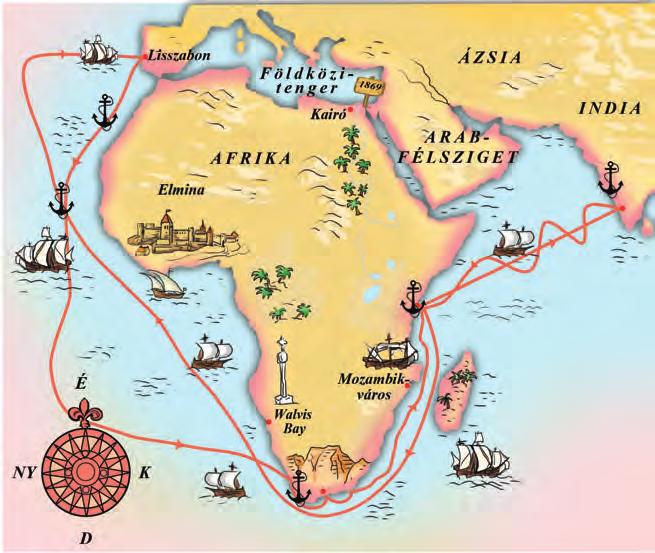 b) Vasco da Gama fűszerekkel megrakott hajóval indult vissza Lisszabonba. A viszontagságos út egy évig tartott. 1869-től, egy mesterséges vízi út megnyitása révén az út jelentősen lerövidült.