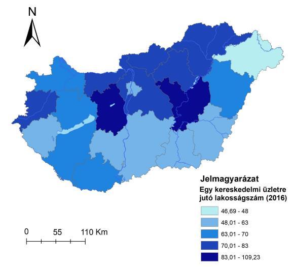 Egy kiskereskedelmi egységre jutó lakosságszám országos viszonylatban Megyei átlag: -