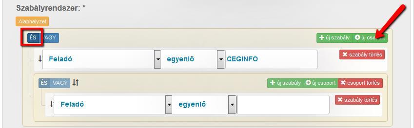 A két csoport közötti kapcsolat típusa maradjon az alapértelmezett ÉS kapcsolat, ugyanis a feladóra és a fájlnevek egyikére vonatkozóan mindkét feltételnek teljesülnie kell (Feladó CEGINFO ÉS a