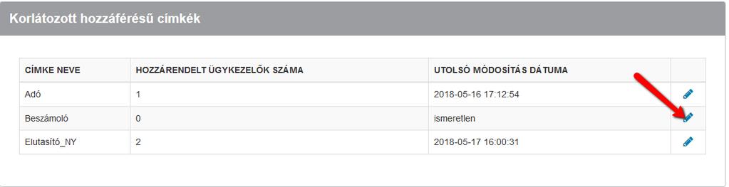 7. A szabálykészítés során létrehozott új címke megjelenik a Tárhely adminisztrációs felület Korlátozott hozzáférésű címkék részében, ahol el kell végezni az ügykezelői hozzárendelést. 4.3.2.