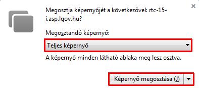 Válasszuk ki a Teljes képernyő megosztását, ezt követően nyomjuk meg a Képernyő megosztása gombot. 11. A Képernyő megosztása gombra kattintva a megosztott képernyő referencia ablaka megjelenik.