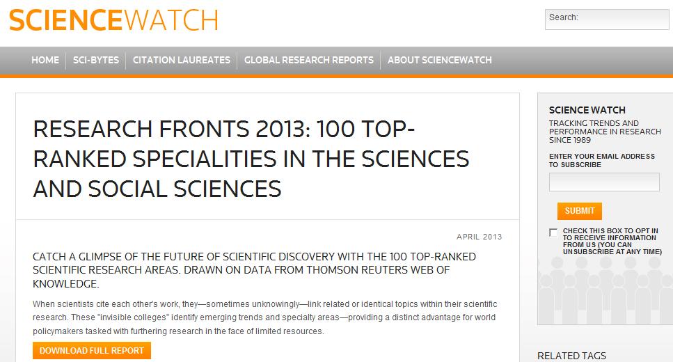 Research Fronts 2013 Első százként rangsorolt témák a természet- és társadalomtudományok területén