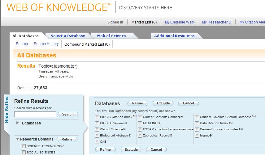 Web of Knowledge keresés az összes adatbázisban a jasmonate -re Adat