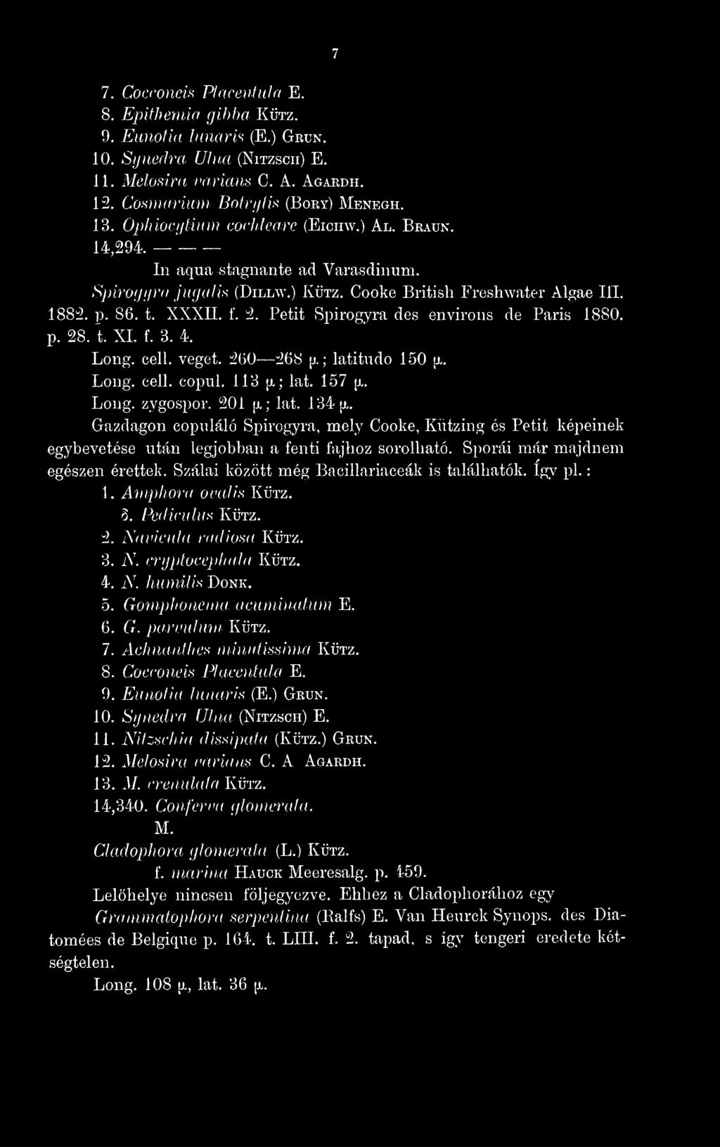 Petit Spirogyra des environs de Paris 1880. p. 28. t. XI. f. 3. 4. Long, cell, veget. 260 268 ^.; latitudo 150 ]x. Long, cell, copiil, J 13 ^; lat, 157 [i. Long, zygospor, 201 [x; lat.