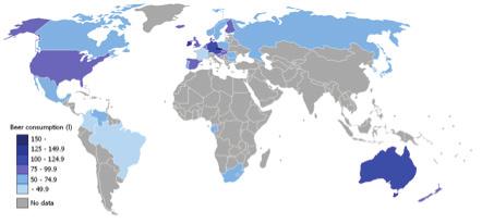 Brazília (54 liter/fő/év). A vizsgált 35 ország fogyasztási átlaga 86,8 liter/fő/év, a magyar fogyasztás ennél alacsonyabb, ahogy azt az 1. ábrán láthatjuk. 1. ábra a világ sörfogyasztása Forrás: www.