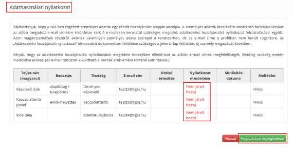 Az Adathasználati nyilatkozat képernyőn ellenőrizze le a rögzített adatok helyességét.