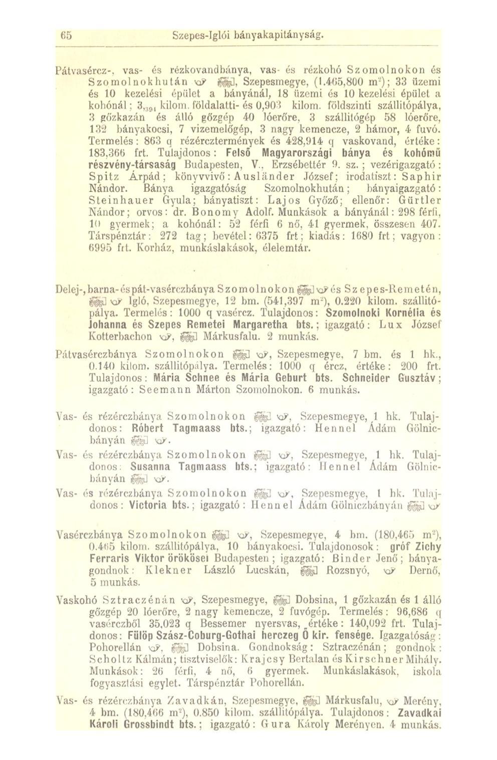 65 Szepes-Iglói bányakapitányság. Pátvasércz-. vas- és rézkovandbánya, vas- és rézkohó Szomolnokon és Szomolnok hután KJ fe], Szepesrnegye, (1.