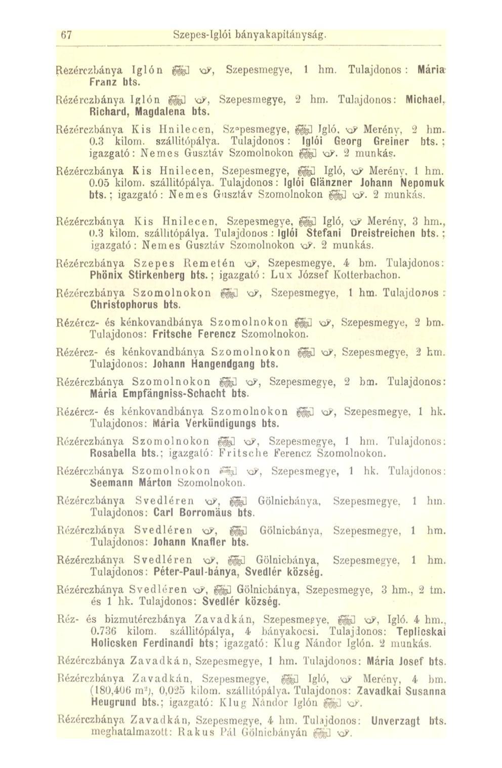 67 Szepcs-lglói bányakapitányság. Rézérczbánya íglón fe] KJ, Szepesrnegye, 1 hm. Tulajdonos: Mária Franz bts. Rézérczbánya Iglón fe] KJ, Szepesrnegye, 2 hm.