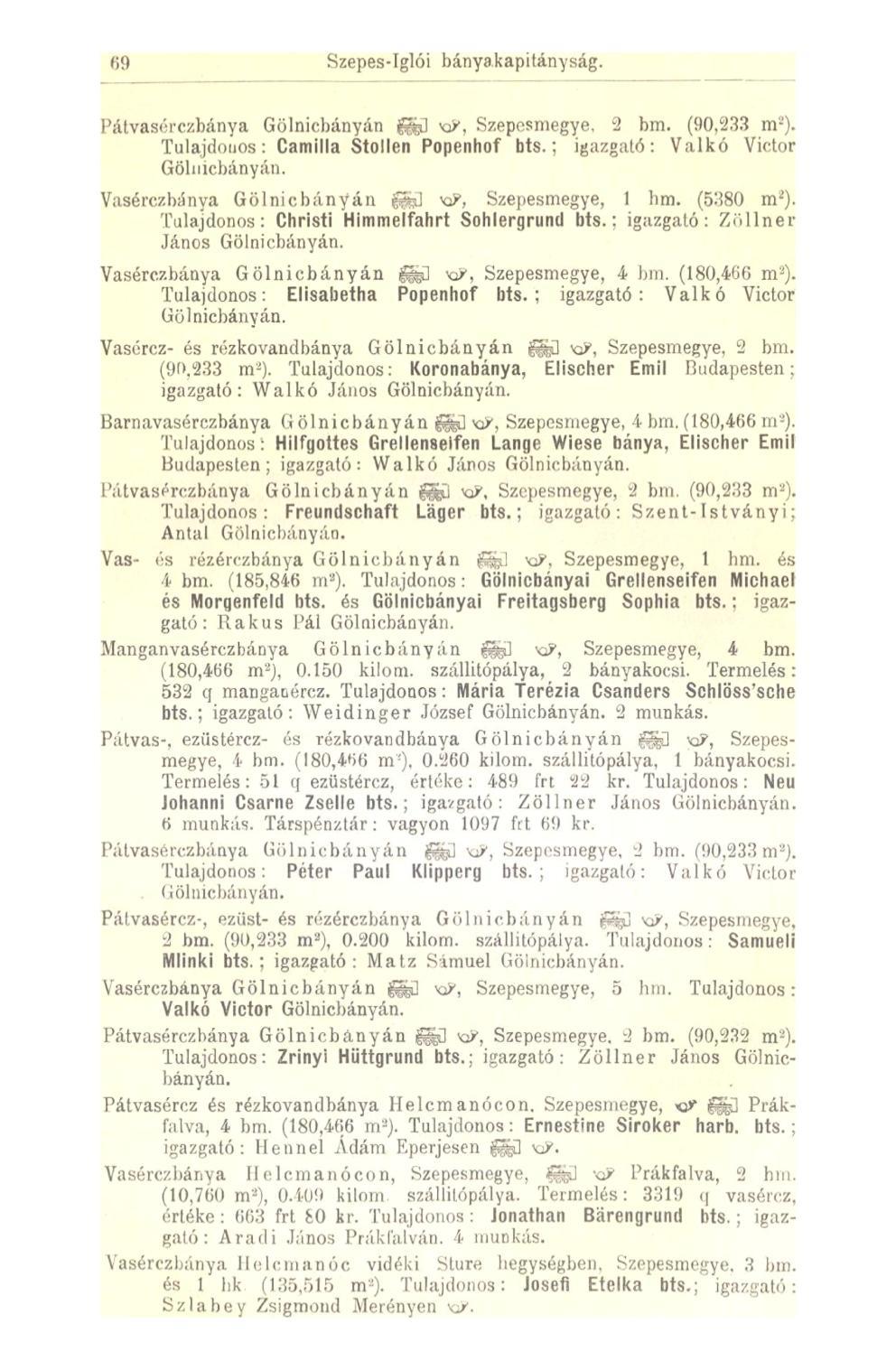 69 Szepes-Iglói bányakapitányság. Pátvasérczbánya Gölnicbányán fe] KP, Szepesrnegye, 2 bm. (90,233 m 2 ). Tulajdonos: Camilla Stollen Popenhof bts.; igazgató: Valkó Victor Gölnicbányán.