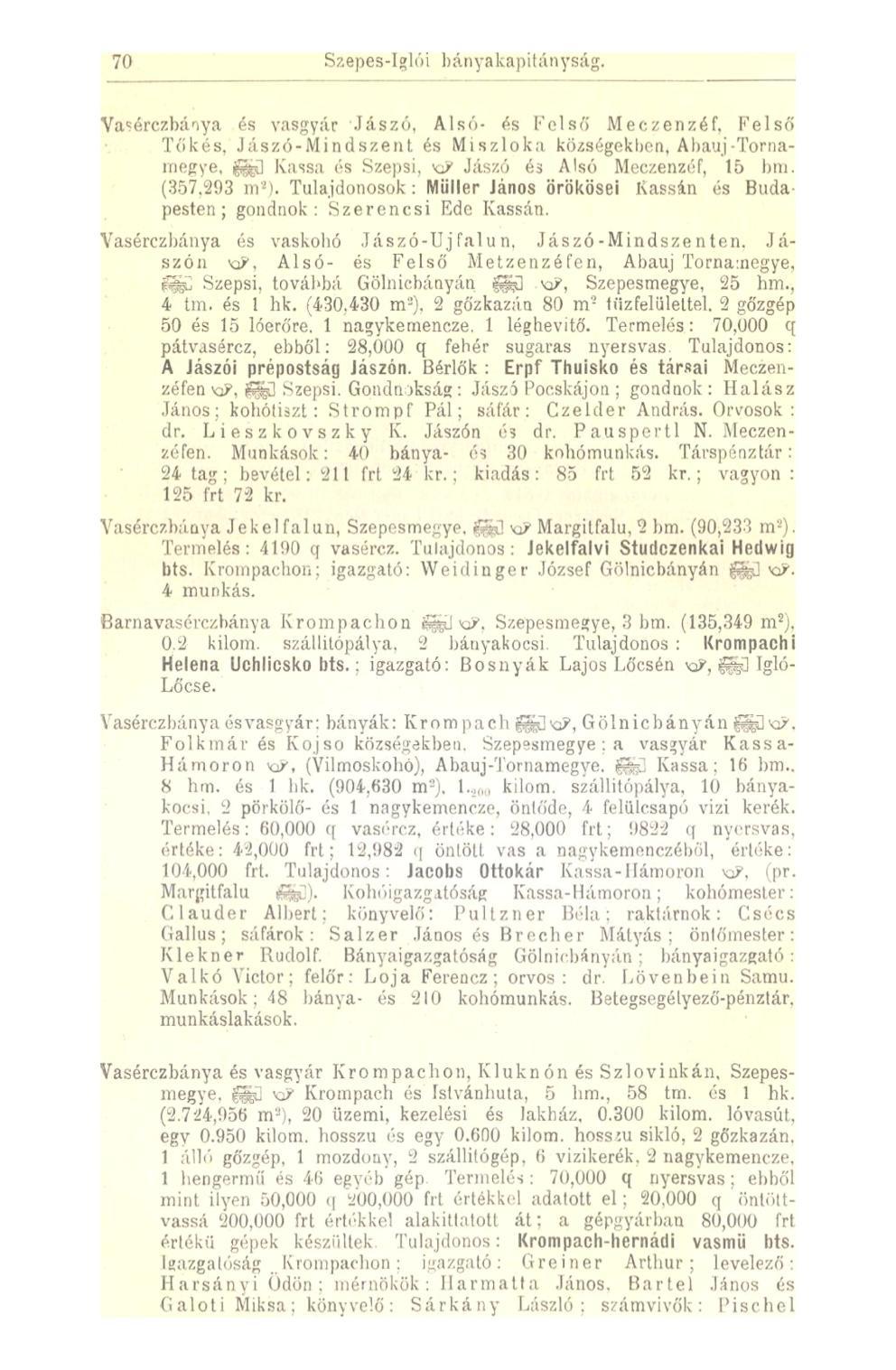 70 S z e p e s - I gl ö i hánya kapit án yság. Vasérczbánya és vasgyár Jászó, Alsó- és Felső Meczenzéf, Felső Tőkés.