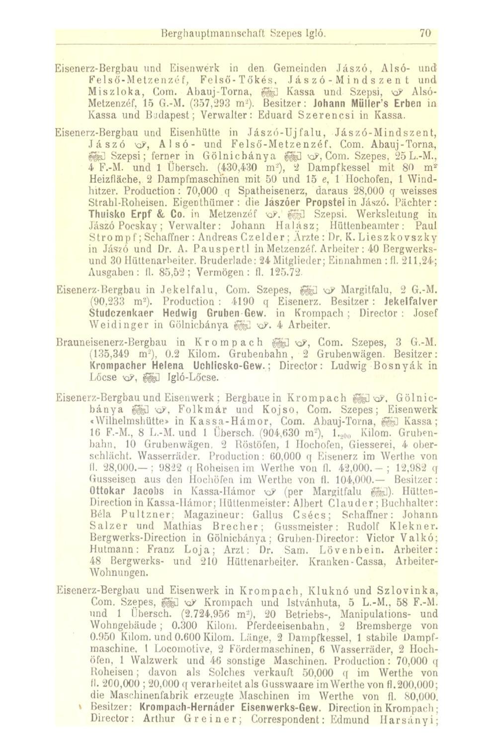 Berghauptmannsehaft Szepes Igló. 70 Eisenerz-Bergbau und Eisenwerk in den Gemeinden Jászó, Alsó- und Felső-Metzenzé f, Felső-Tőkés, Jászó-Mindszent und Miszloka, Gom.