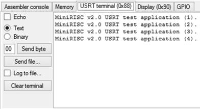 Lab8: A MiniRISC IDE USRT terminal ablak Soros kommunikációs lehetőséget biztosít A leütött karakterek elküldésre kerülnek, a vett karakterek megjelennek a terminál ablakban Lehetőség van fájl