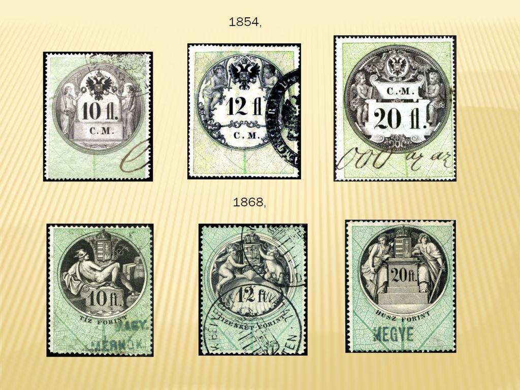 A bélyegek nyomtatását magyar vízjelű papír hiányában az osztrák STEMPEL- MARKEN vízjelet tartalmazó kincstári papírra csak 1868. április 20-án kezdték előkészíteni. Az első 12-es sorfogazású, 200.