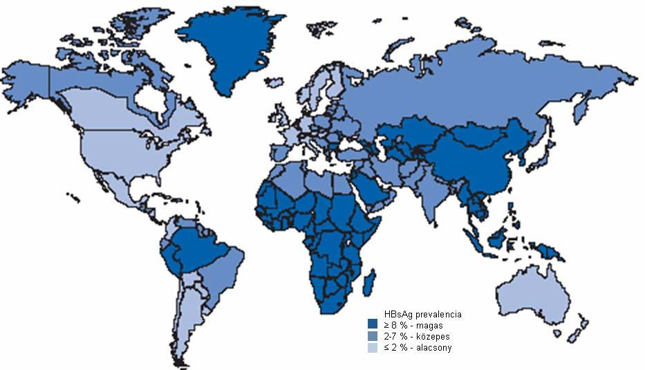 1. ábra. A népesség HBsAg pozitivitásának földrajzi megoszlása. [CDC, 2006] Hazánkban a HBV hordozás az átlagpopulációban 2 % alatti [Takács, 2009].