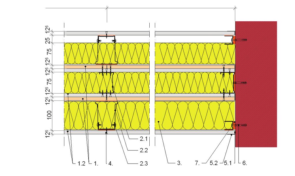 CD 27/60 profil Isover szigetelôanyaggal (100 mm Akusto vagy 80 mm Ultimate) és állítható kengyelekkel + 1 x 12,5 RB szivacscsíkkal rögzítve Jelmagyarázat: 1.1. RF 12,5 gipszkarton építőlemez 1.2. Rigidur H 12,5 gipszrost építőlemez 2.