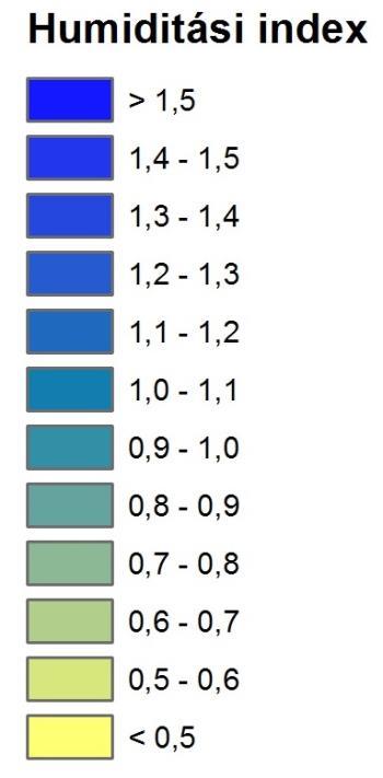 HUMIDITÁS VÁLTOZÁSA Vízhiányos időszakok jellemzésére is alkalmazható index. A humiditási index a hidrometeorológiai viszonyokat döntően meghatározó csapadék- és léghőmérsékletadatokból számítható.