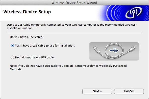 módszer (Konfiguráció a Telepítő CD-ROM és az ideiglenesen csatlakoztatott USB-kábel segítségével) használata esetén: válassza a Yes, I have a USB cable to use for installation