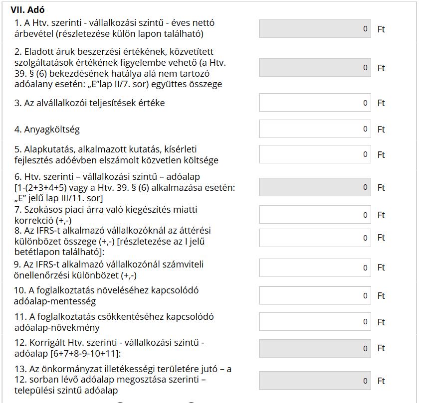 Az F. betétlap a kiválasztott megosztási módszer pontjának megfelelő kitöltendő adatsorokat kínál fel. Pl. a Htv.