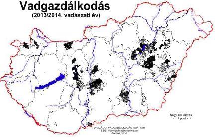 29. ábra: A nagylilik, vetési lúd, nyári lúd és tőkés réce lelövések területi eloszlása. Forrás: Csányi-Tóth-Kovács-Schally (szerk.) 2014: Országos Vadgazdálkodási Adattár.