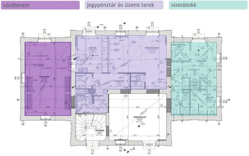 26 Napjaink munkái 4. ábra. A funkciók szétválasztása Az eredeti alaprajzi elrendezéshez hasonlóan a földszinten utasforgalmi területek, jegypénztár és a forgalmi szolgálat kapott helyet (4.