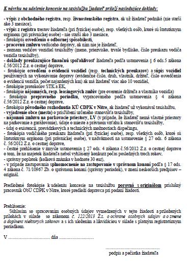 Obr.9: Návrh na udelenie koncesie na taxislužbu podľa zákona č.