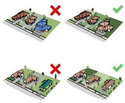 ANYAGHASZÍNÁLAT, SZÍNEK A Piliscsabai lakóparkok színvilága változatos, mégis megfigyelhető egy visszafogott illeszkedés, hasonló anyag és színhasználat.