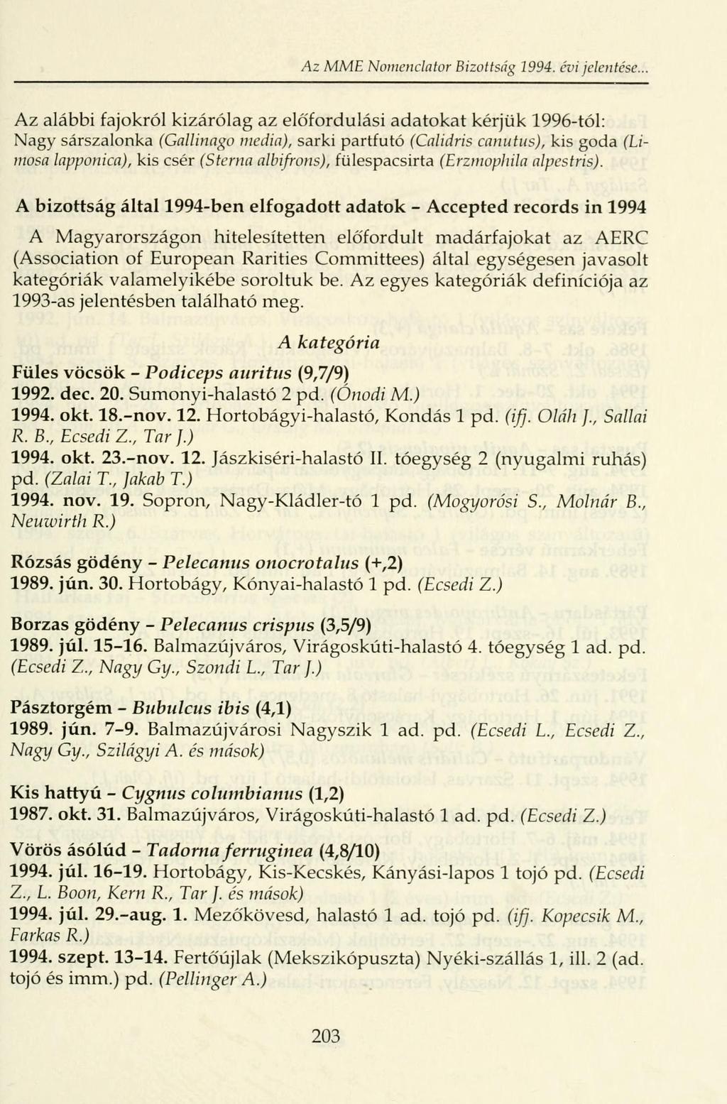 Az MME Nomenclator Bizottság 1994. évi jelentése.