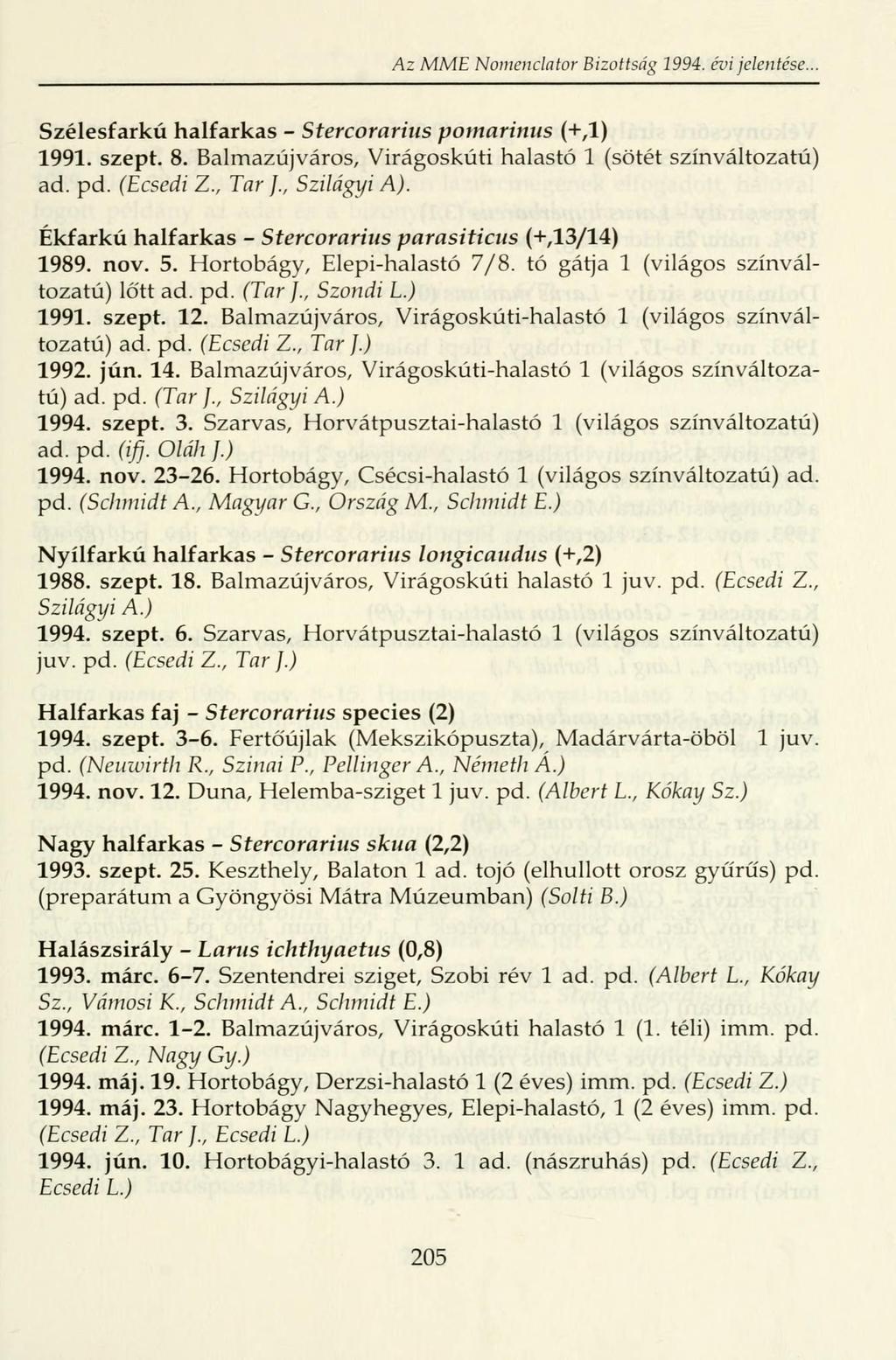 Az MME Nomenclator Bizottság 1994. évi jelentése.. Szélesfarkú halfarkas - Stercorarius pomarinus (+,1) 1991. szept. 8. Balmazújváros, Virágoskúti halastó 1 (sötét színváltozatú) ad. pd. (Ecsedi Z.