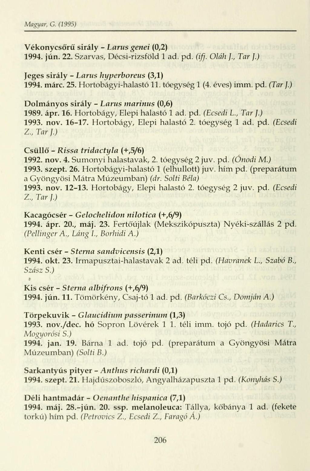Magyar, G. (1995) Vékonycsőrű sirály - Larus genei (0,2) 1994. jún. 22. Szarvas, Décsi-rizsföld 1 ad. pd. (ifj. Oláh }., Tar ].) Jeges sirály - Larus hyperboreus (3,1) 1994. márc. 25.