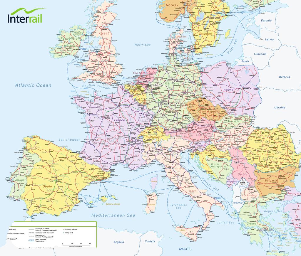 Jelmagyarázat csak nagysebességű vonatok vasútvonalak, amelyeken az Interrail ek nem érvényesek vasútállomás fővonalak (hagyományos és nagysebességű vonatok) kötélpályás vasutak kedvezménnyel