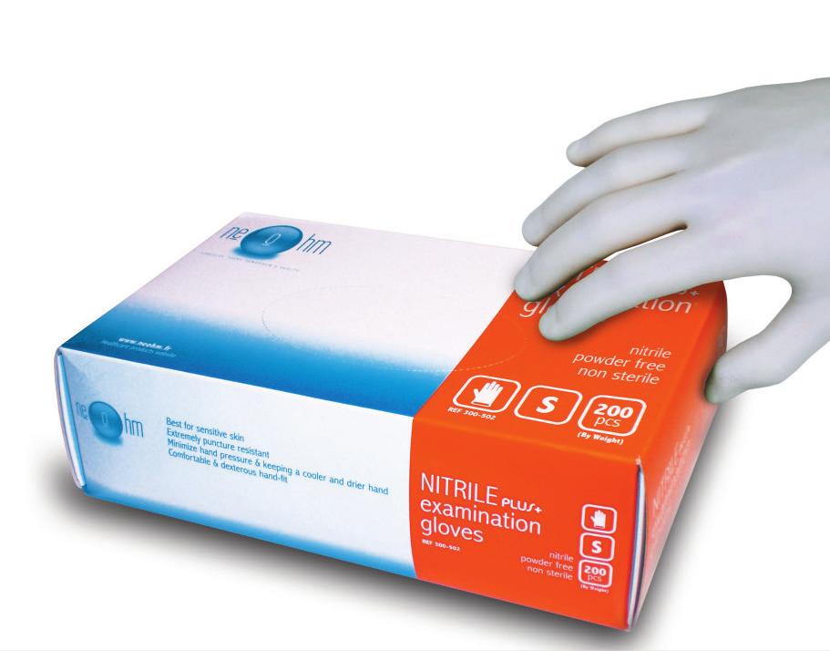 Nitrile plus+ hypoallergén vizsgálókesztyû 200 db/doboz Extra allergiamentes, egyszer használatos, púdermentes nitril vizsgálókesztyû normál és különösen érzékeny bôrûeknek.
