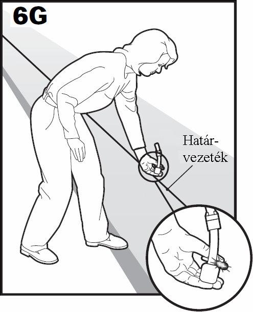 A Nyakörvet kutyája nyakának magasságában tartva (6E) sétáljon a Határvezeték felé, amíg a Nyakörv sípolni, a Tesztlámpa pedig villogni nem kezd (6F).