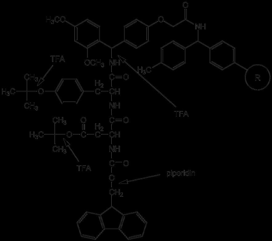 4. ábra Fmoc-Asp(O t Bu)-Tyr( t Bu) Rink Amid MBHA gyanta Kísérletek során igazolták, hogy a leghatékonyabb hasítóelegyként 2% piperidin és 2% 1,8-diazabiciklo[5,4,0]-undek-7-ént (DBU) tartalmazó DMF