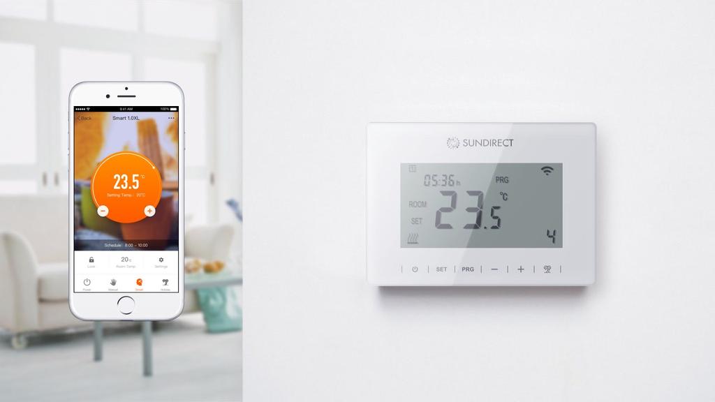 Smart 1.0 Pro A Sundirect Smart 1.0 Pro a Smart 1.0 vezeték nélküli termosztát továbbfejlesztett változata. A Smart 1.