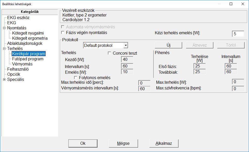 9.2 Terhelési program megadása Itt lehet a terhelés lefolyását beprogramozni. A beállított kerékpár- és vérnyomásmérő eszköz a legfelső részen látható.