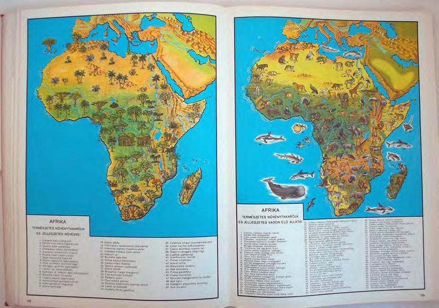 16. ábra. Növény- és állatföldrajzi térképek szítettek: A Föld országai, Földrajzi adatok, Gazdasági táblázatok, és a végén a Névmutató, amelyet még mindig kék színnel nyomtattak.