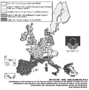1. ábra. Az EU erdõterületei tûzvédelmi besorolása amely esetében az egyéb alacsony veszélyeztetettségû területeken 15% lehet a hozzájárulás a költségekhez.