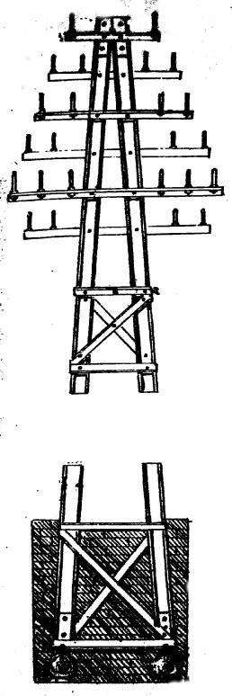 A két oszlopot a föld felett és a föld alatt is keresztfából készült andráskeresztekkel és 30 cm hosszú, 13 mm