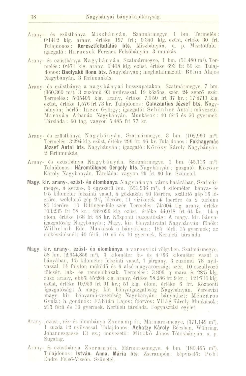 38 Nagy hánya i báli yak a pi tán yság. Aram- és ezüstbánya Miszbányán, Szatmármegyej 1 bm. Termelés: " 0*1412 klg. arany, értéke 197 frt; 0*340 klg. ezüst, értéke 30 frl.