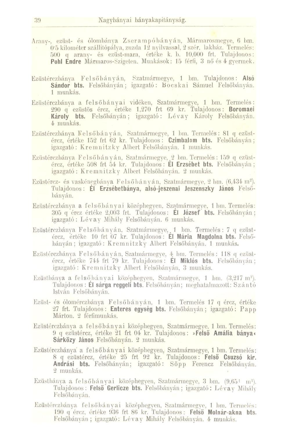 30 Nagybányai bányakapitányság. Aranv-. ezüst- és ólombánya Zserampóbányán, Mármarosmegye, 6 bm. 0*5 kilométer szállitópálya, zúzda 12 nyilvassal. 2 szér. lakház.